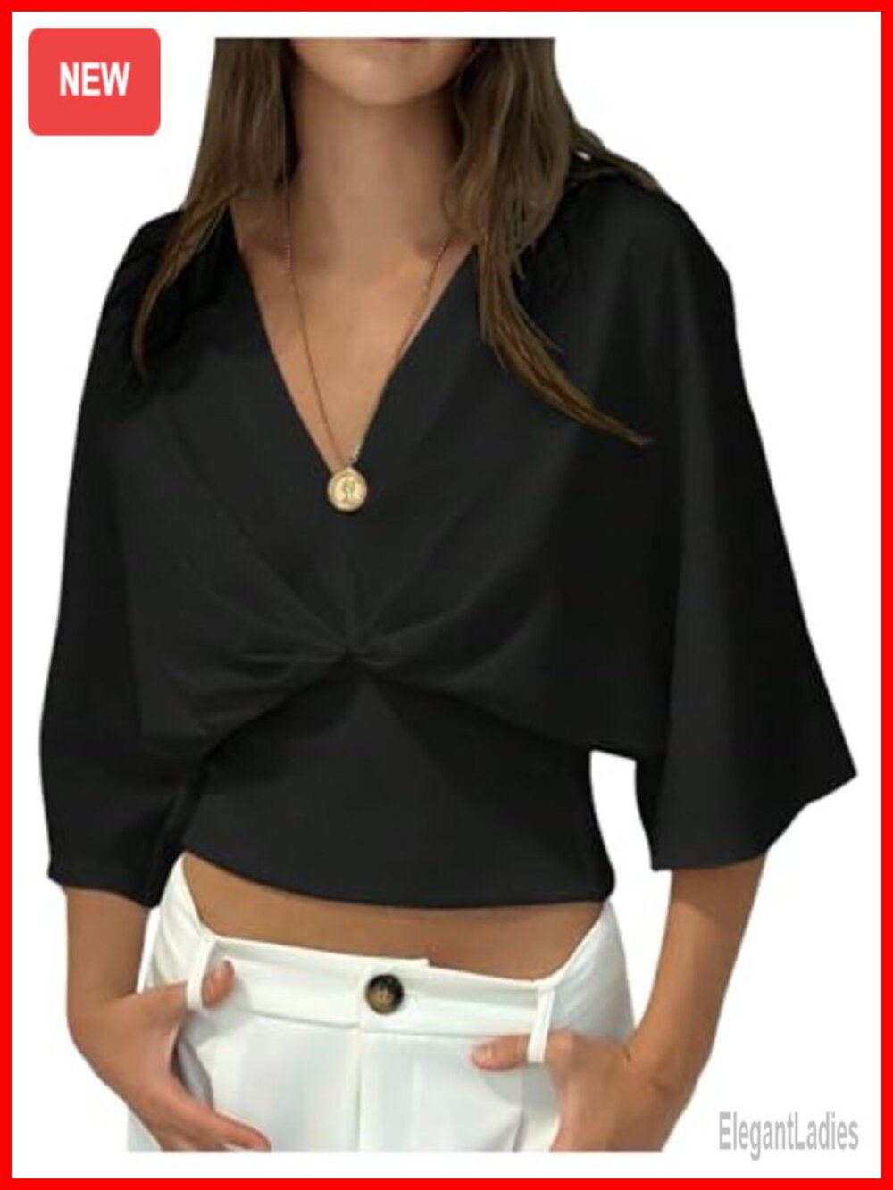 Dolman 3/4 Sleeve Ruched V Neck Blouse - Dressy Casual Going Out Top